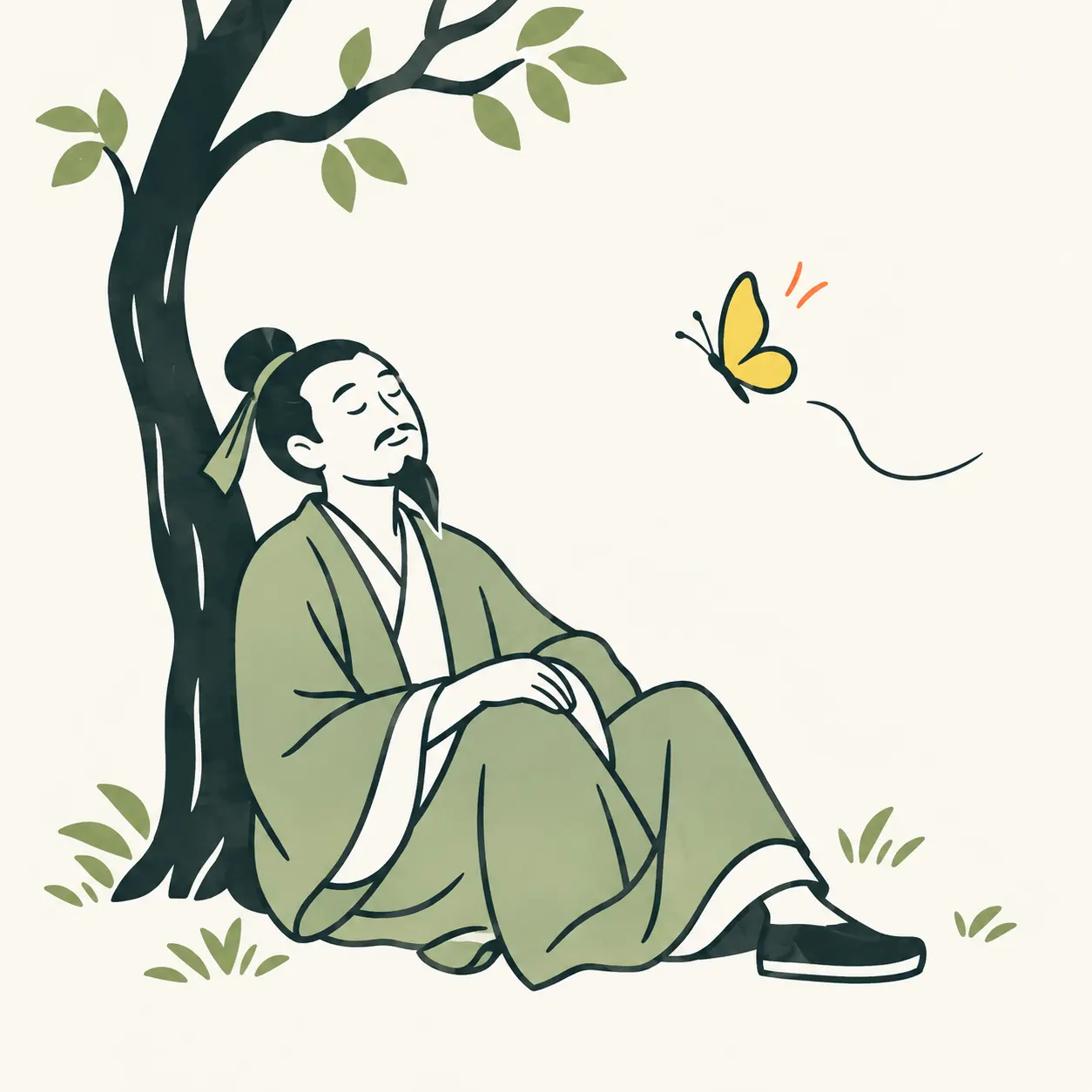 An imagined interpretation of Zhuangzi seated beneath a tree with his eyes closed and a butterfly nearby, rather than a documented historical portrait.