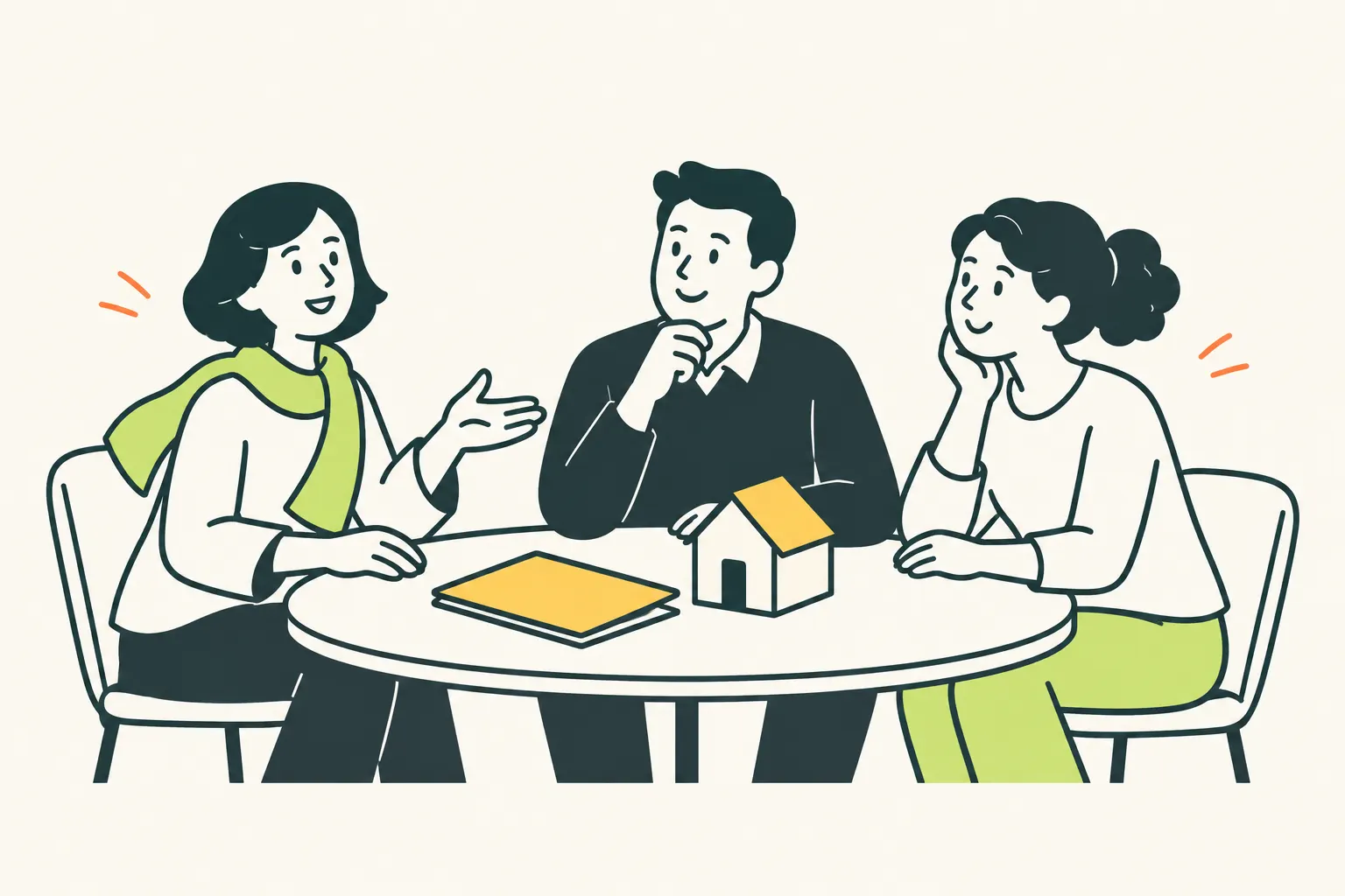 AI illustration of three adults around a table with a folder and a small model house.