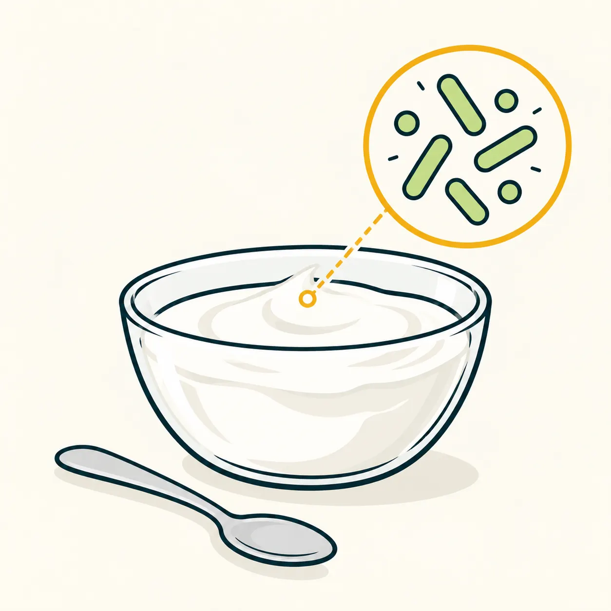 Editorial metaphor for milk becoming yogurt: a bowl and small colourful shapes representing microorganisms, not shown to scale.