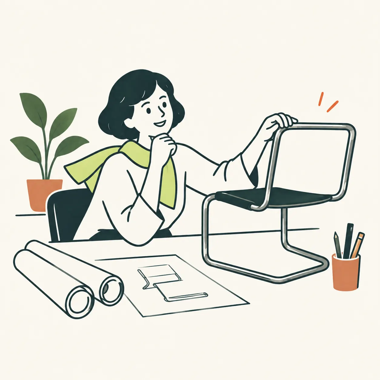 Interpretazione editoriale di Charlotte Perriand al tavolo di lavoro, accanto a una sedia generica in metallo tubolare.