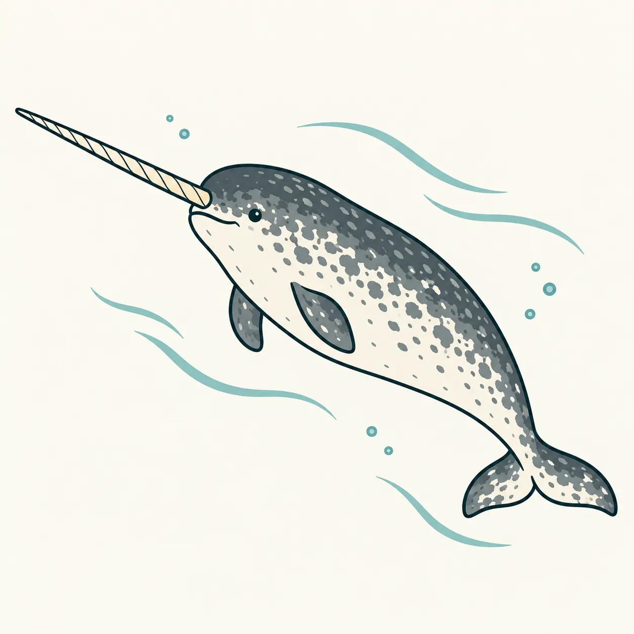 Illustrazione editoriale di un narvalo maculato nell’acqua artica, senza pinna dorsale e con una lunga zanna a spirale che emerge dal labbro superiore.