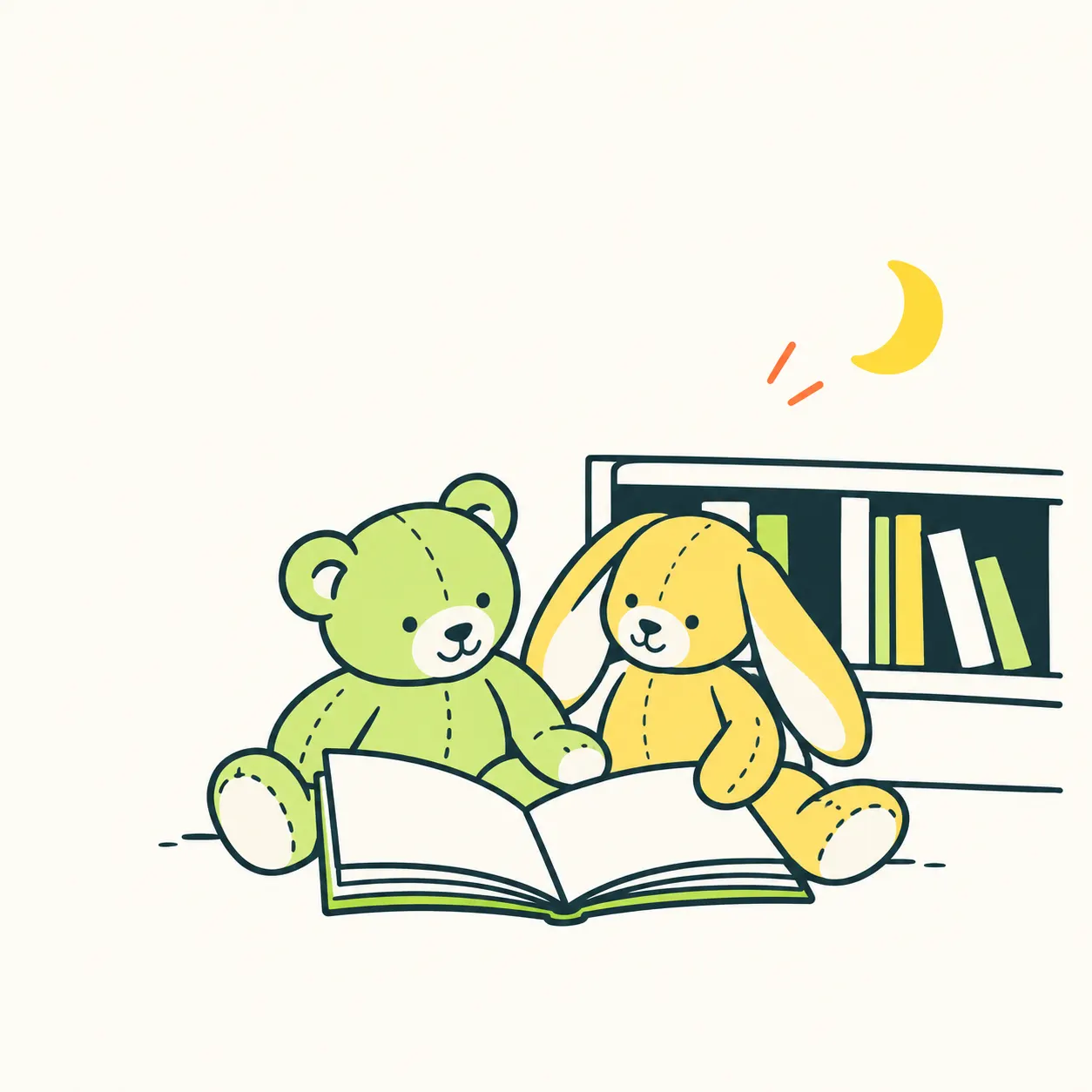 AI illustration of a stuffed bear and rabbit beside an open book and a bookshelf.