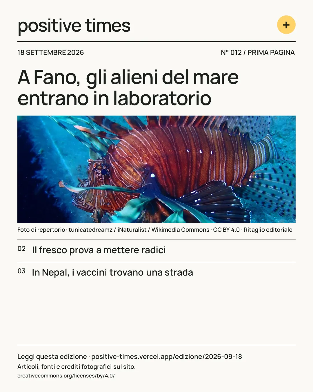 Prima pagina di Positive Times · 18 settembre 2026