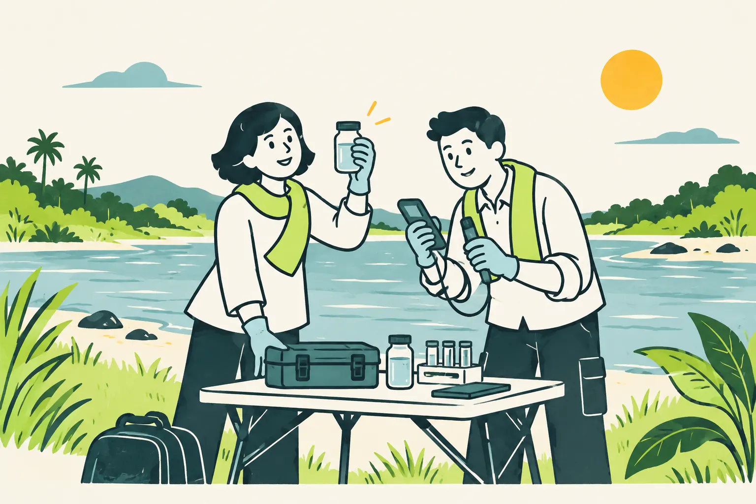 AI illustration: Two gloved figures examine a water sample and portable instruments beside a river.