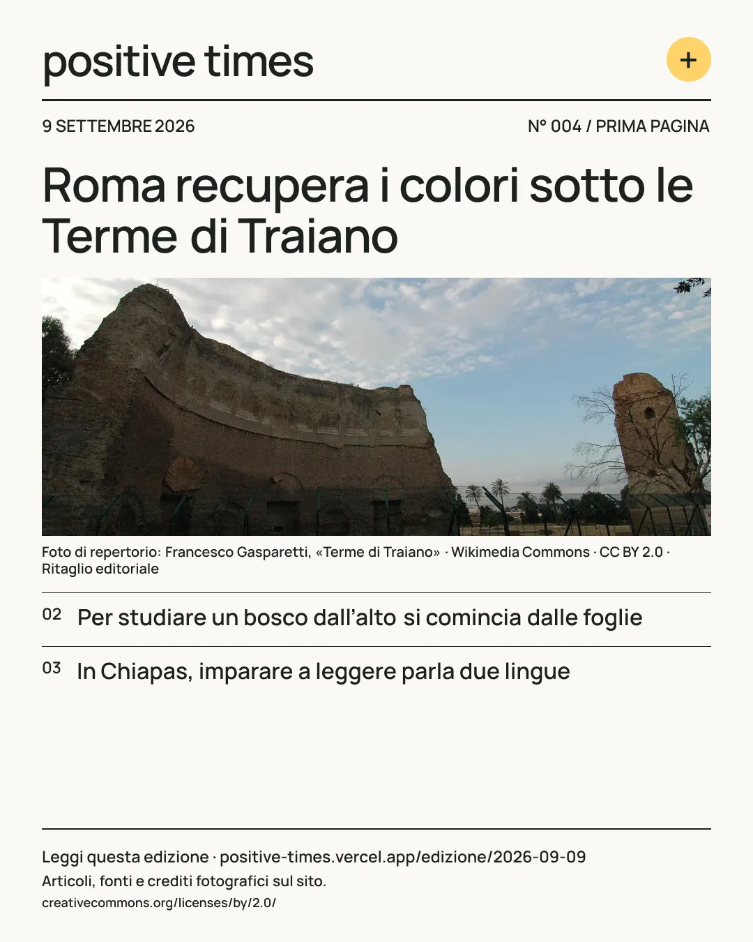 Prima pagina di Positive Times · 9 settembre 2026