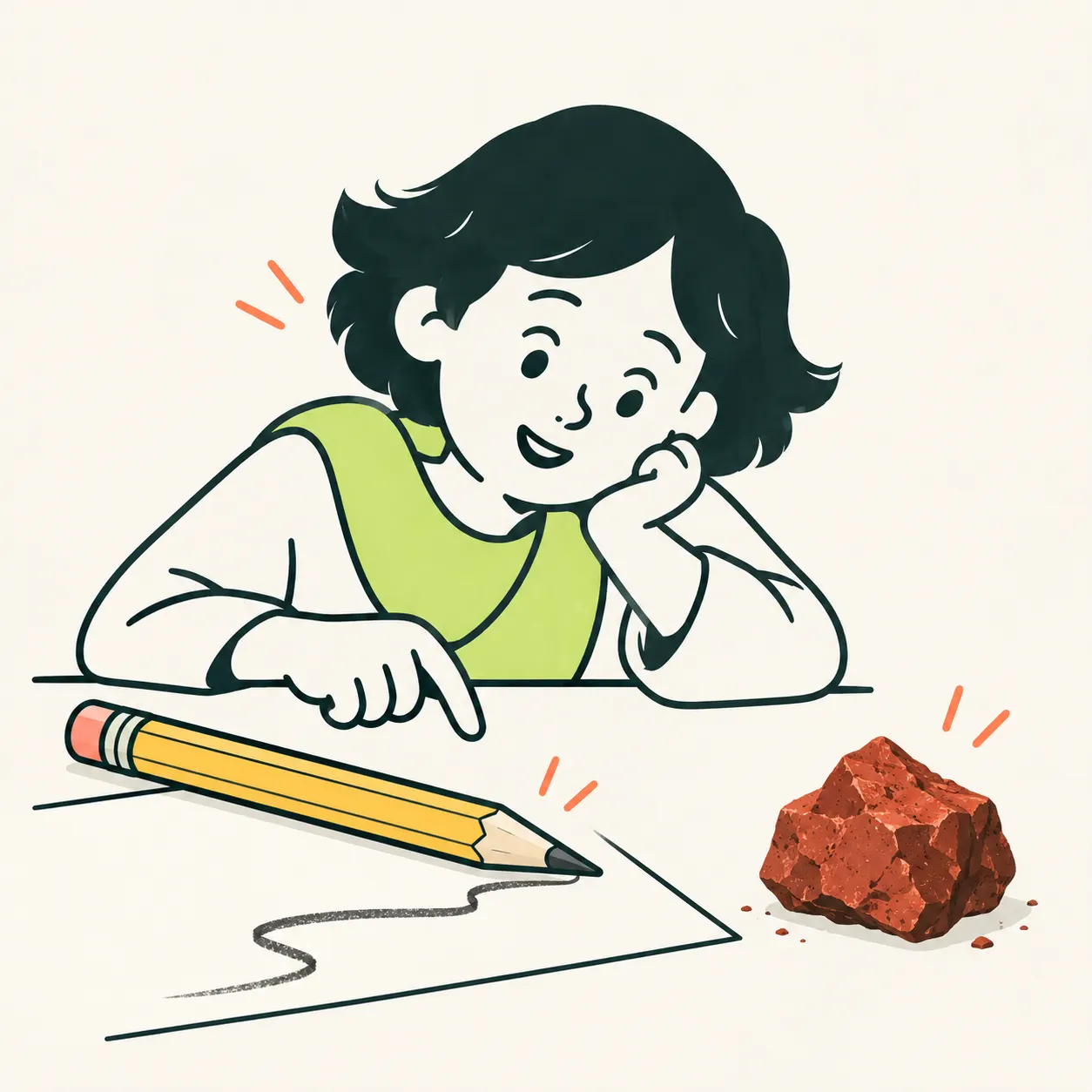 Editorial composition with a modern pencil and a separate reddish stone: a metaphor for the Italian word’s origin, not the pencil core’s composition.