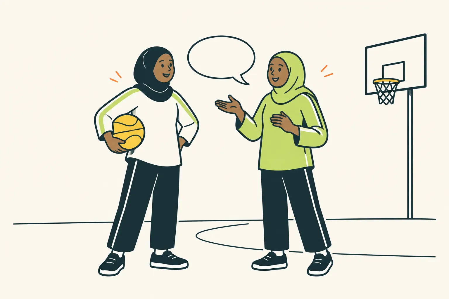 AI illustration: two women basketball players talk, one holding a ball, beside a basketball hoop.
