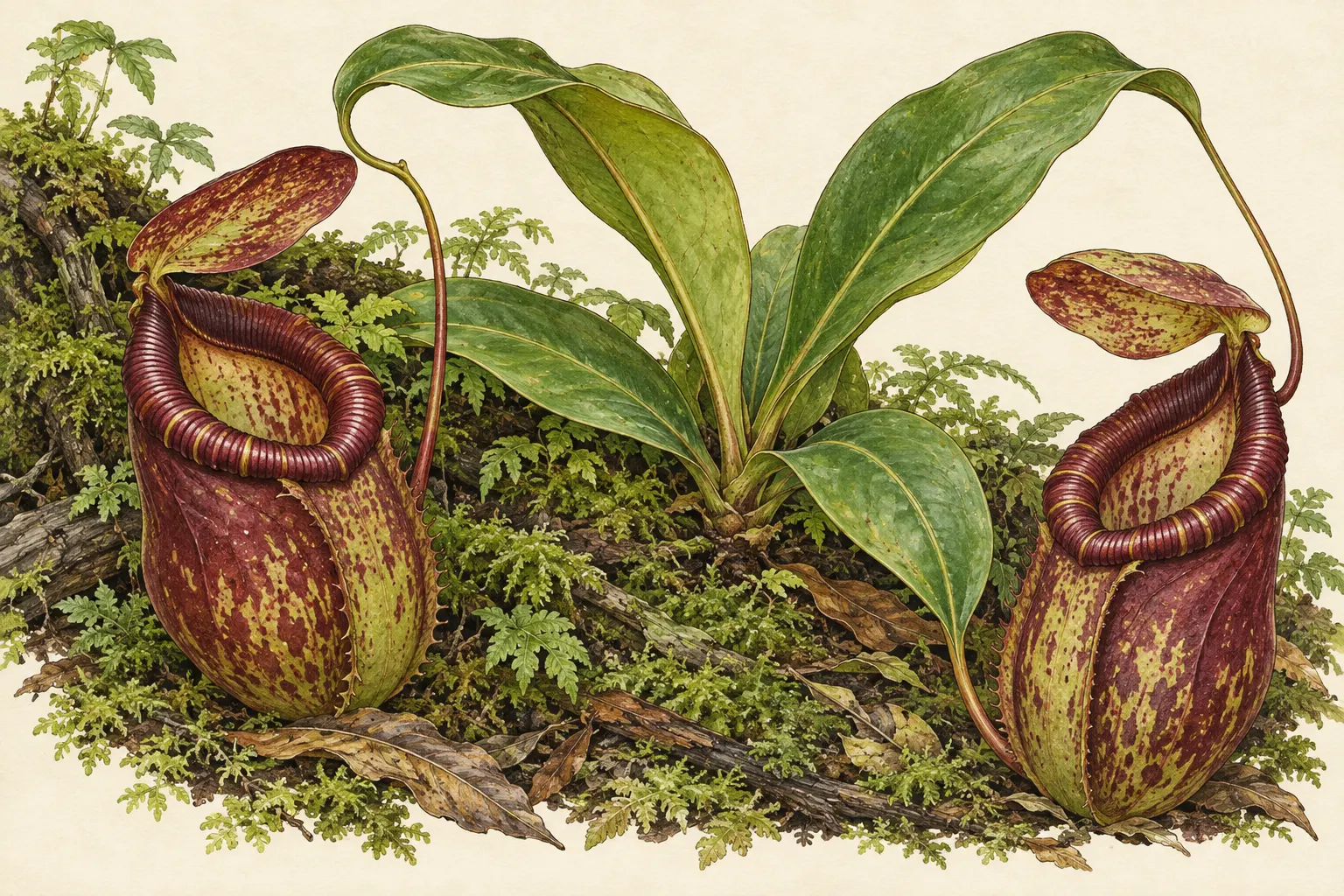 Nepenthes rajah with oblong leaves and two reddish pitchers connected to the leaves: an editorial botanical interpretation.