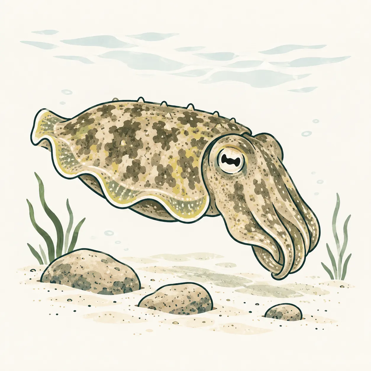 A common cuttlefish illustrated in bright water, with a mottled mantle, small raised skin papillae, an undulating fin and a wavy pupil.