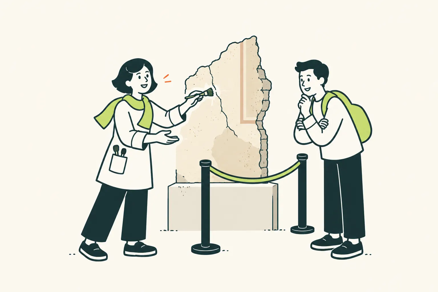 AI illustration of a conservator holding a small brush beside a wall, with a visitor behind a barrier.