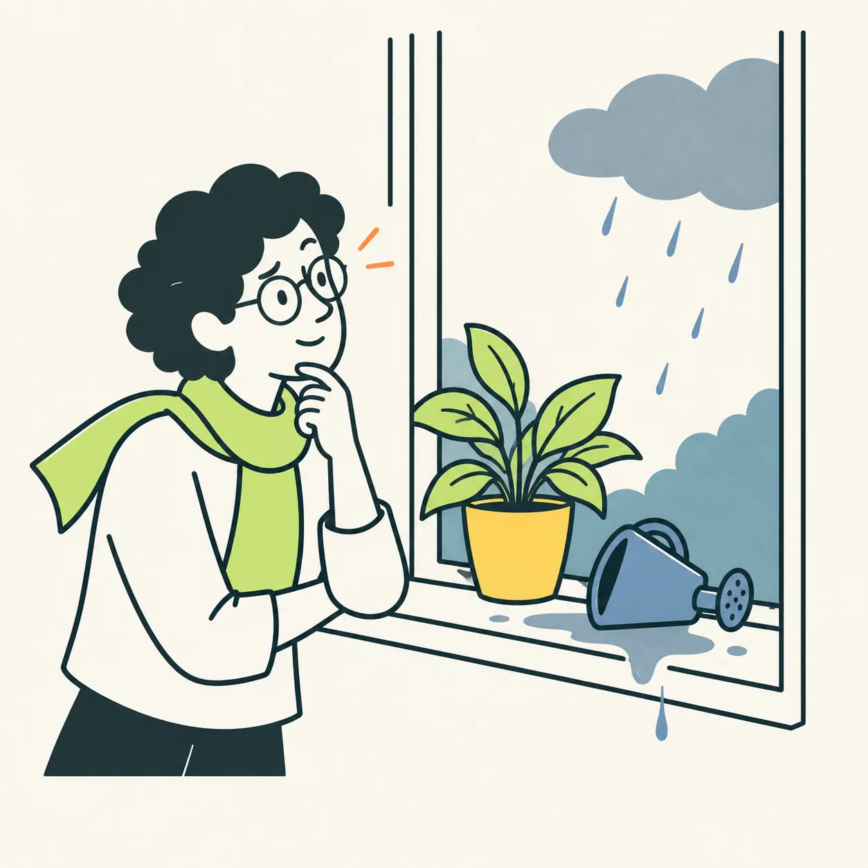 Contemporary editorial example: a person examines a wet windowsill beside a window and a watering can, considering possible explanations.