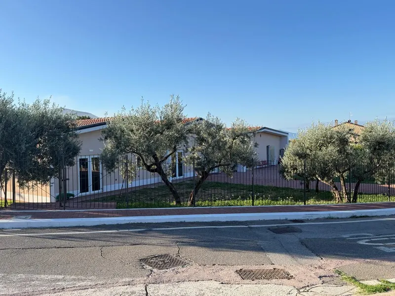Guardea’s new nursery building behind a fence and several olive trees.