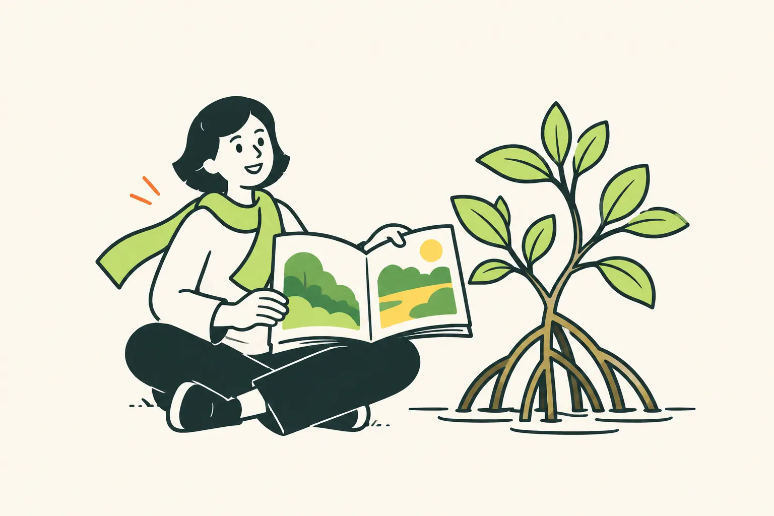 AI illustration of a reader with an open book beside a small mangrove with aerial roots in water.