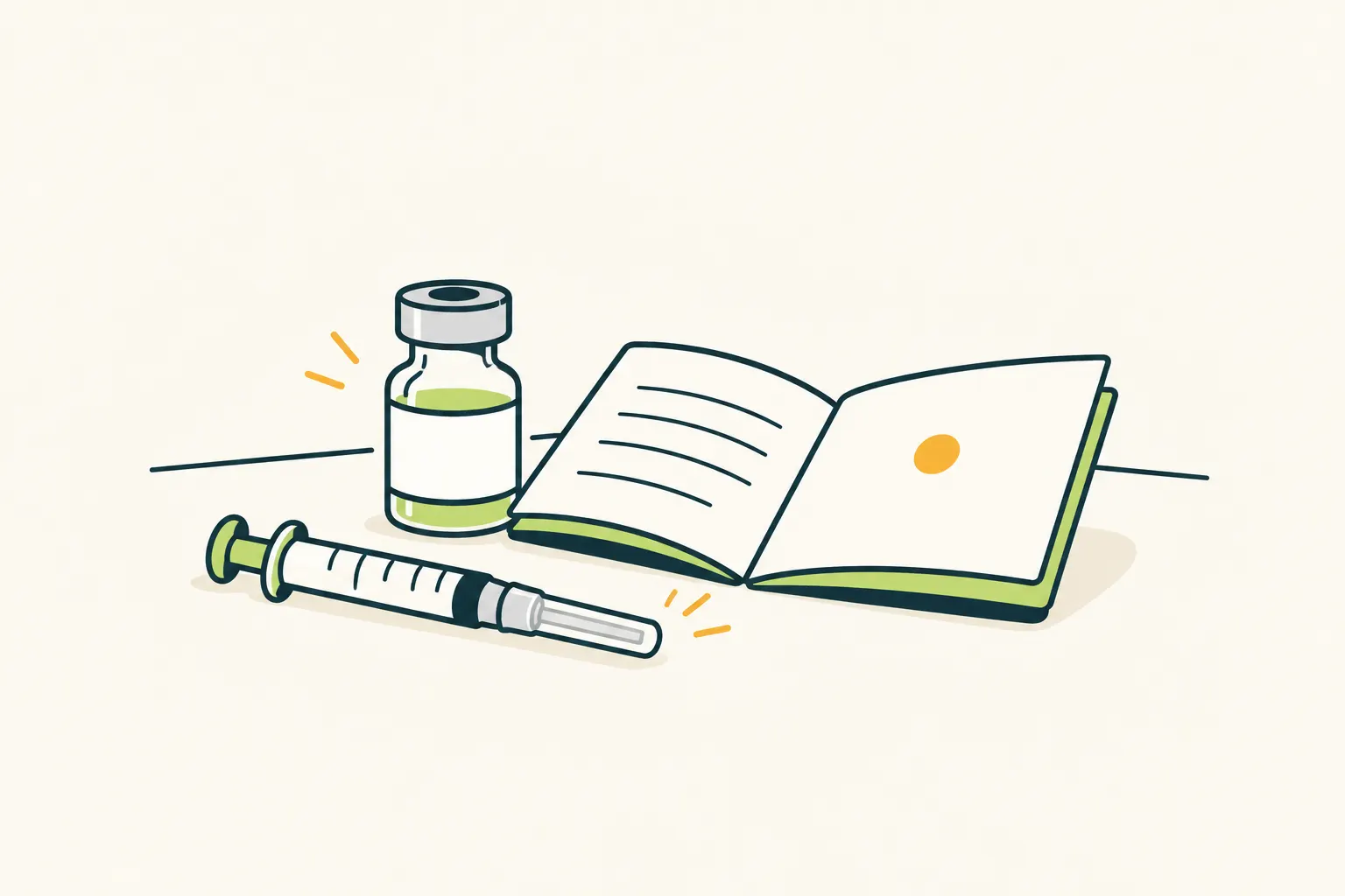 AI illustration of an unbranded vial, a capped syringe and an open health record booklet.