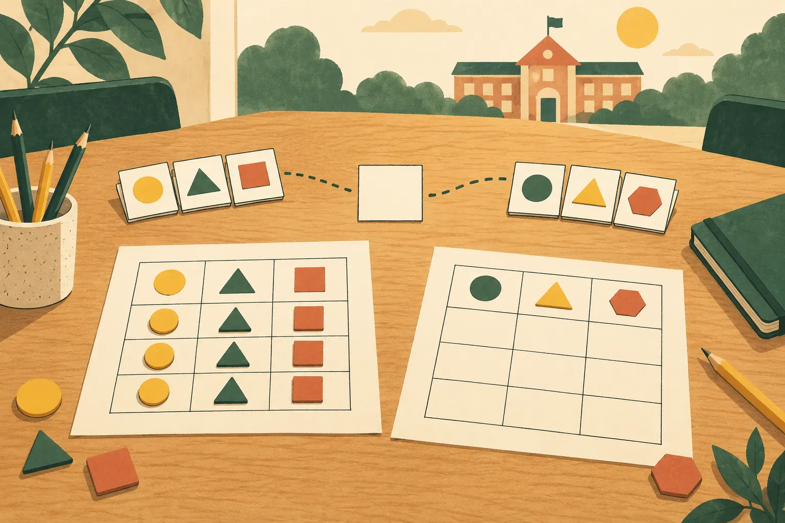 AI conceptual illustration of grid sheets, coloured shapes and connections to organise, with a generic school in the background.