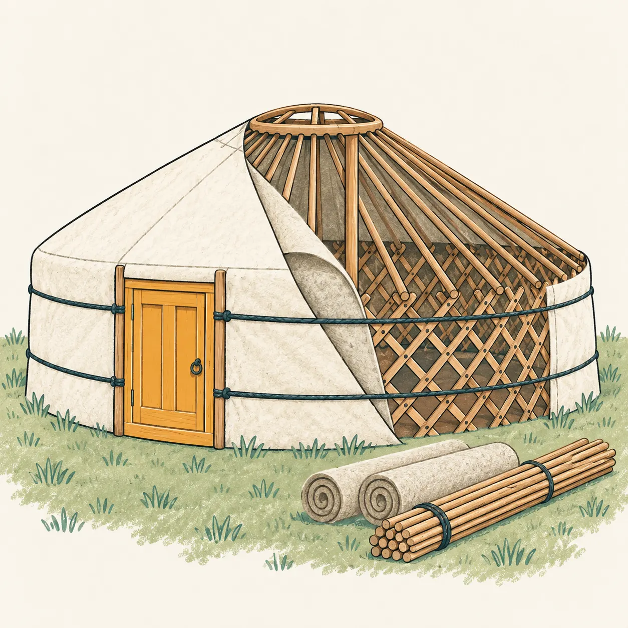An editorial interpretation of a Mongolian ger with part of its covering lifted to reveal lattice walls and roof poles.