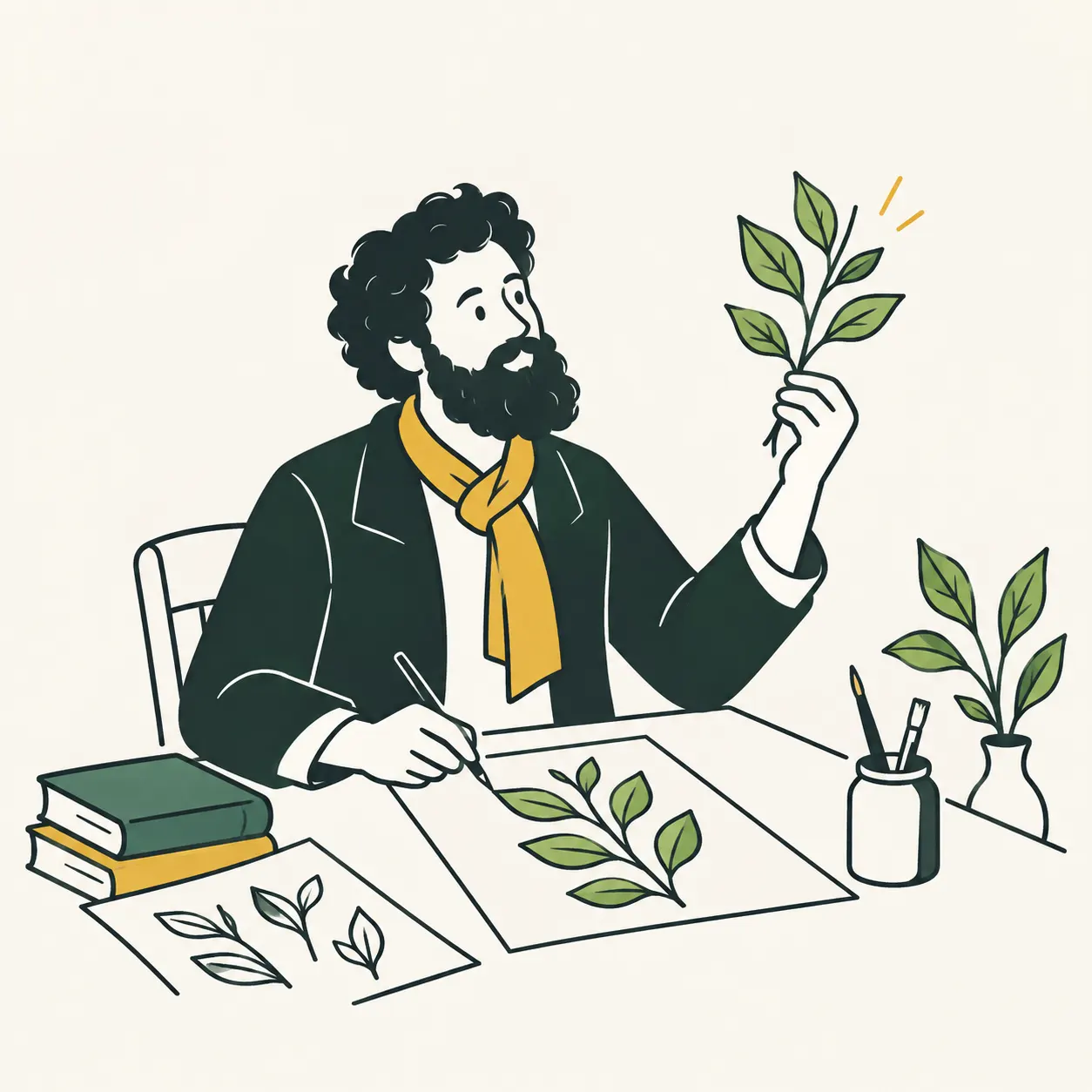 Editorial interpretation of William Morris at a table with a branch and invented botanical pattern studies.