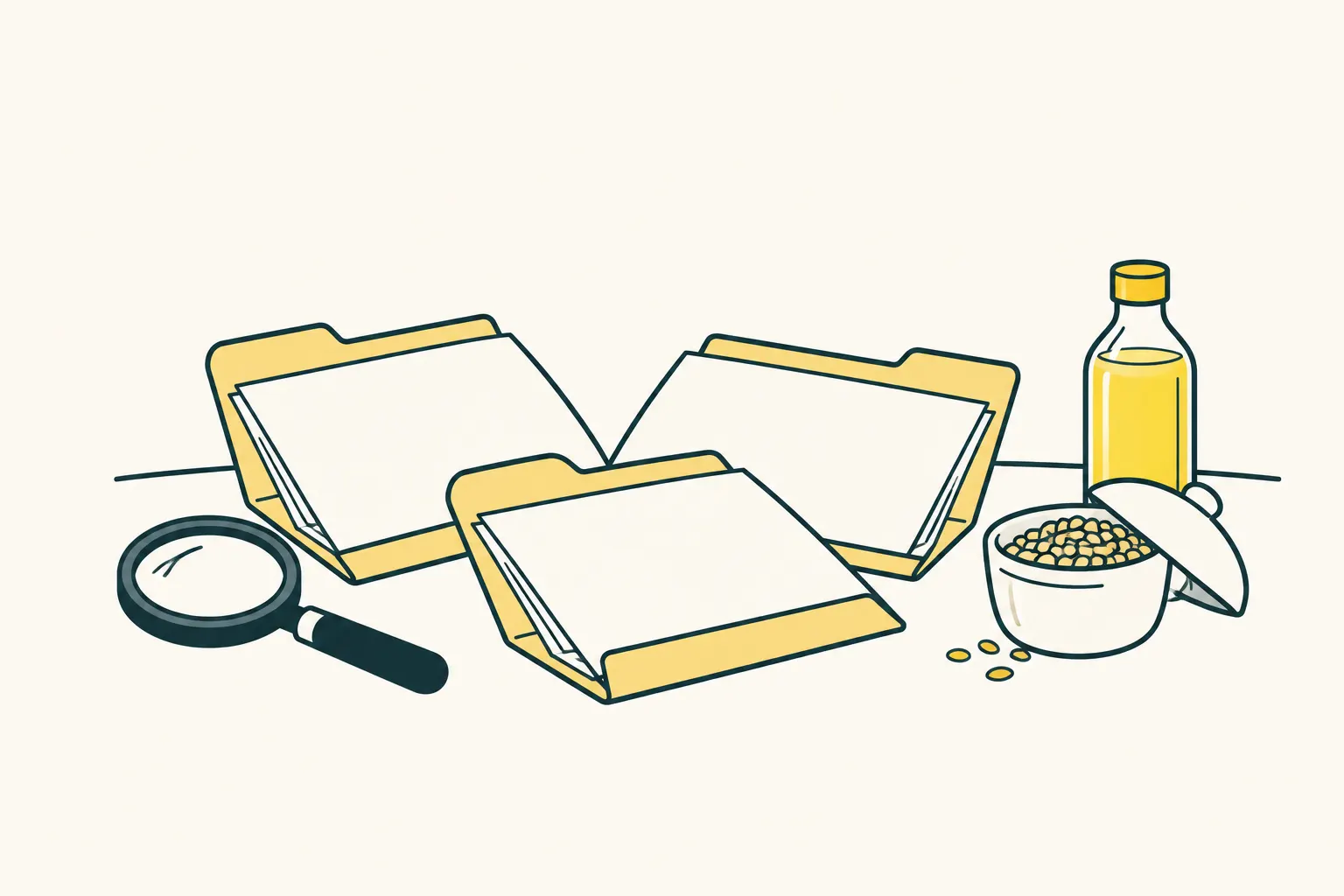 AI illustration of three open folders, a magnifying glass, grains and a bottle of oil on a table.