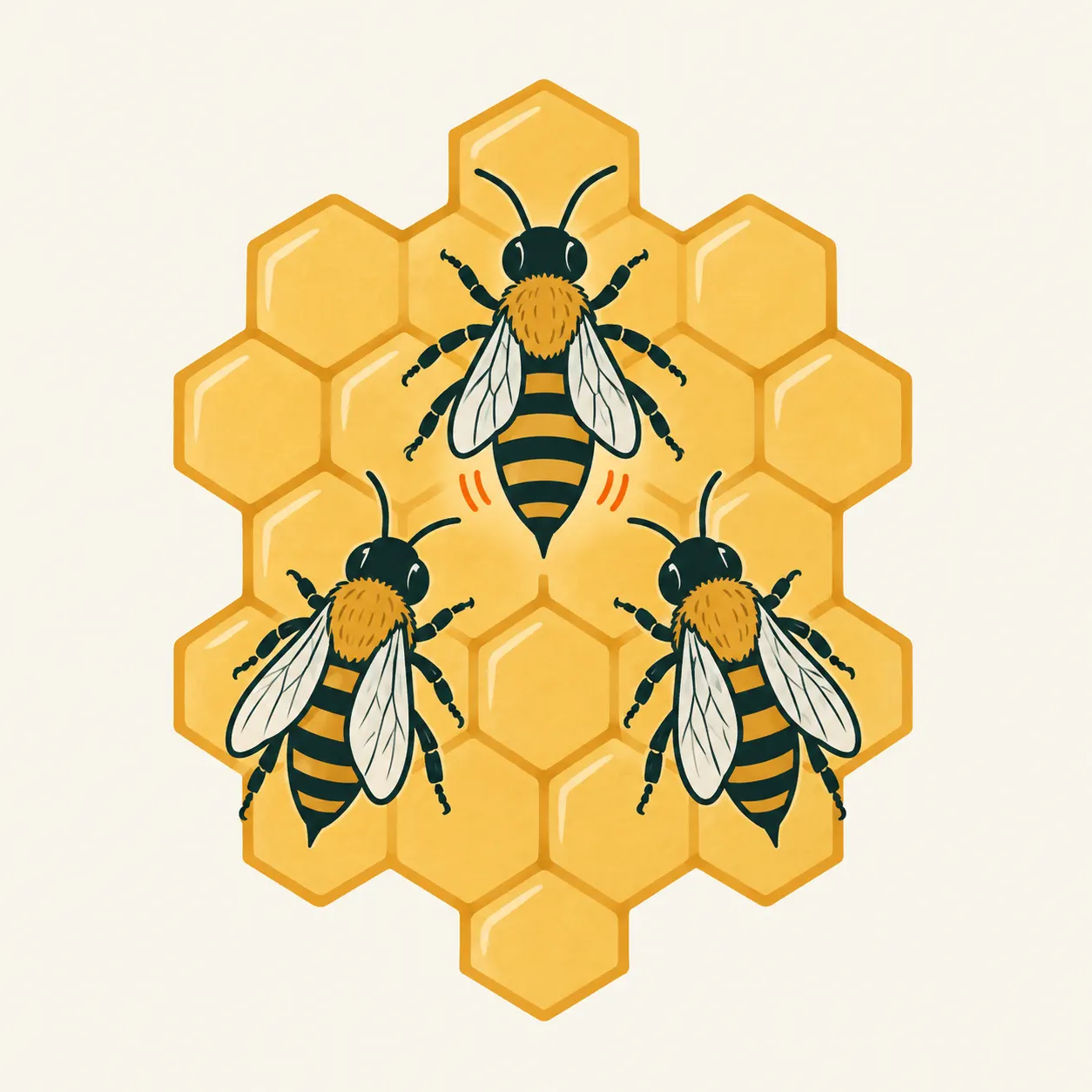 Three honey bees on a vertical honeycomb: the central bee faces upwards and waggles its abdomen while the other two follow.