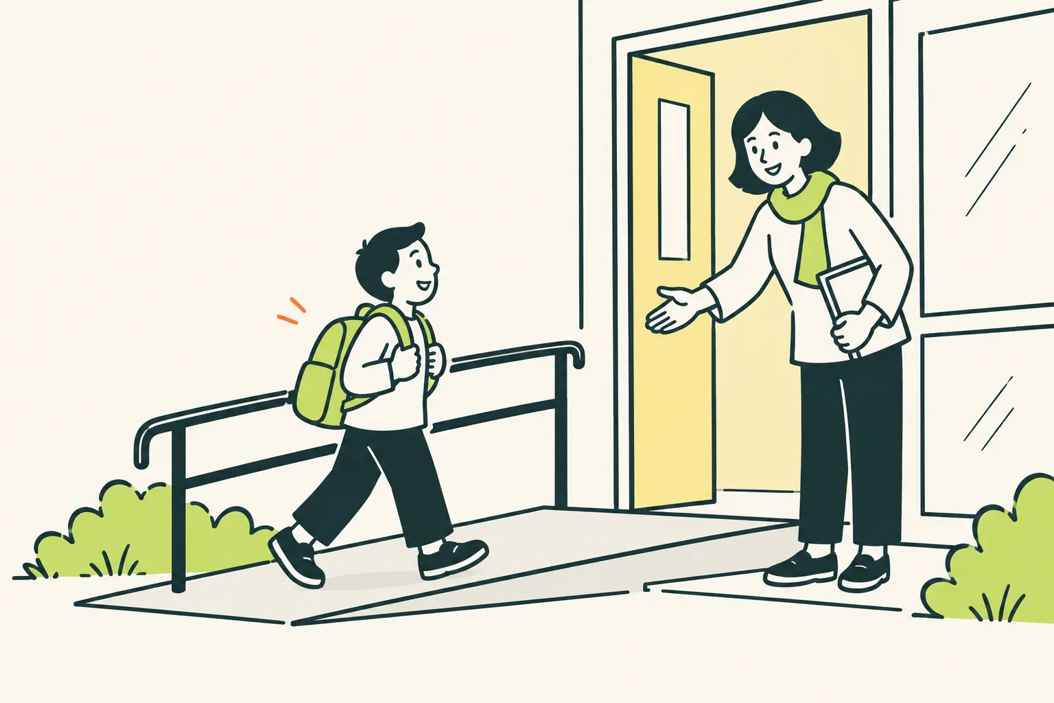 AI illustration of a child with a backpack by a school doorway, with a ramp and an adult.