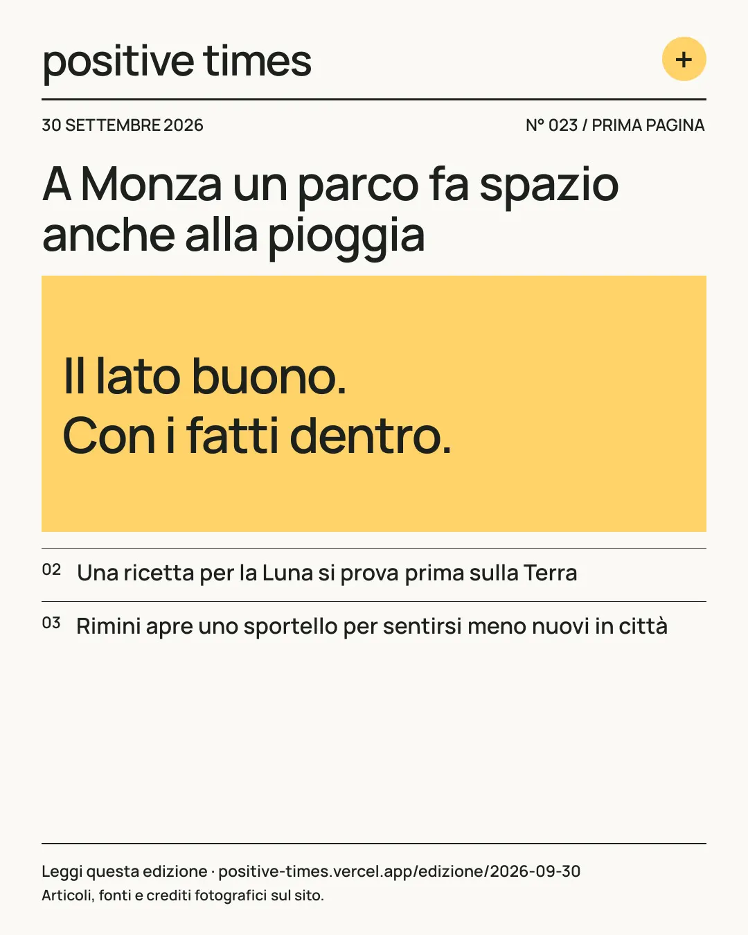 Prima pagina di Positive Times · 30 settembre 2026