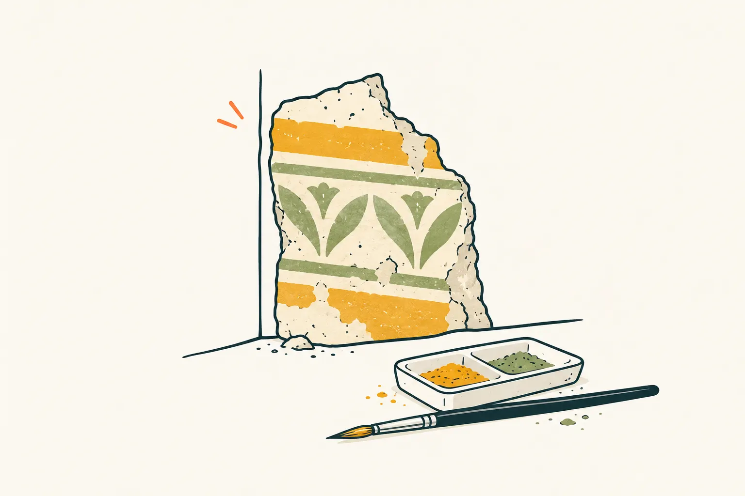 AI illustration of a decorated plaster fragment, a brush and a small pigment tray.