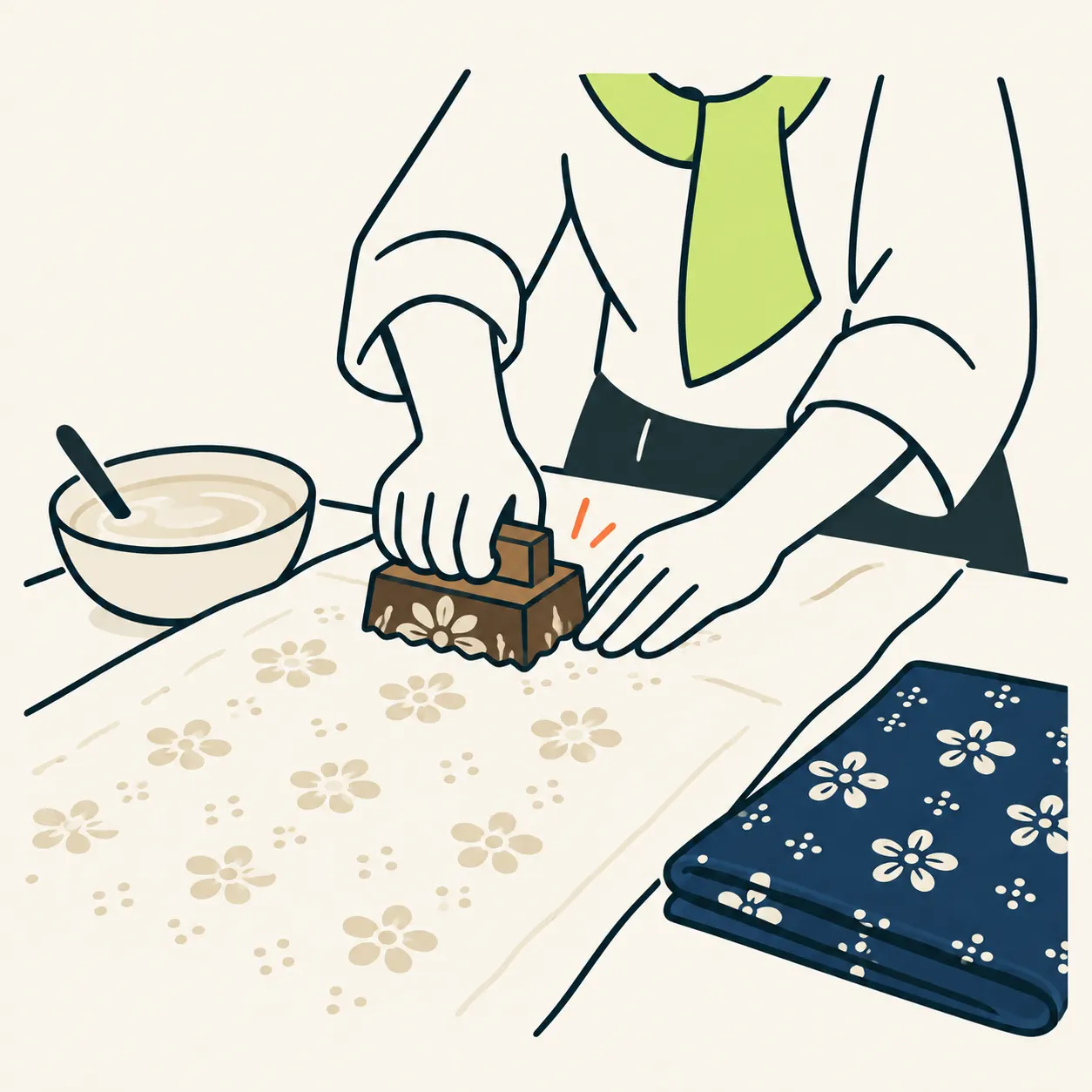 AI editorial illustration: hands print resist paste on pale cloth; beside it, indigo fabric shows patterns that remained white.