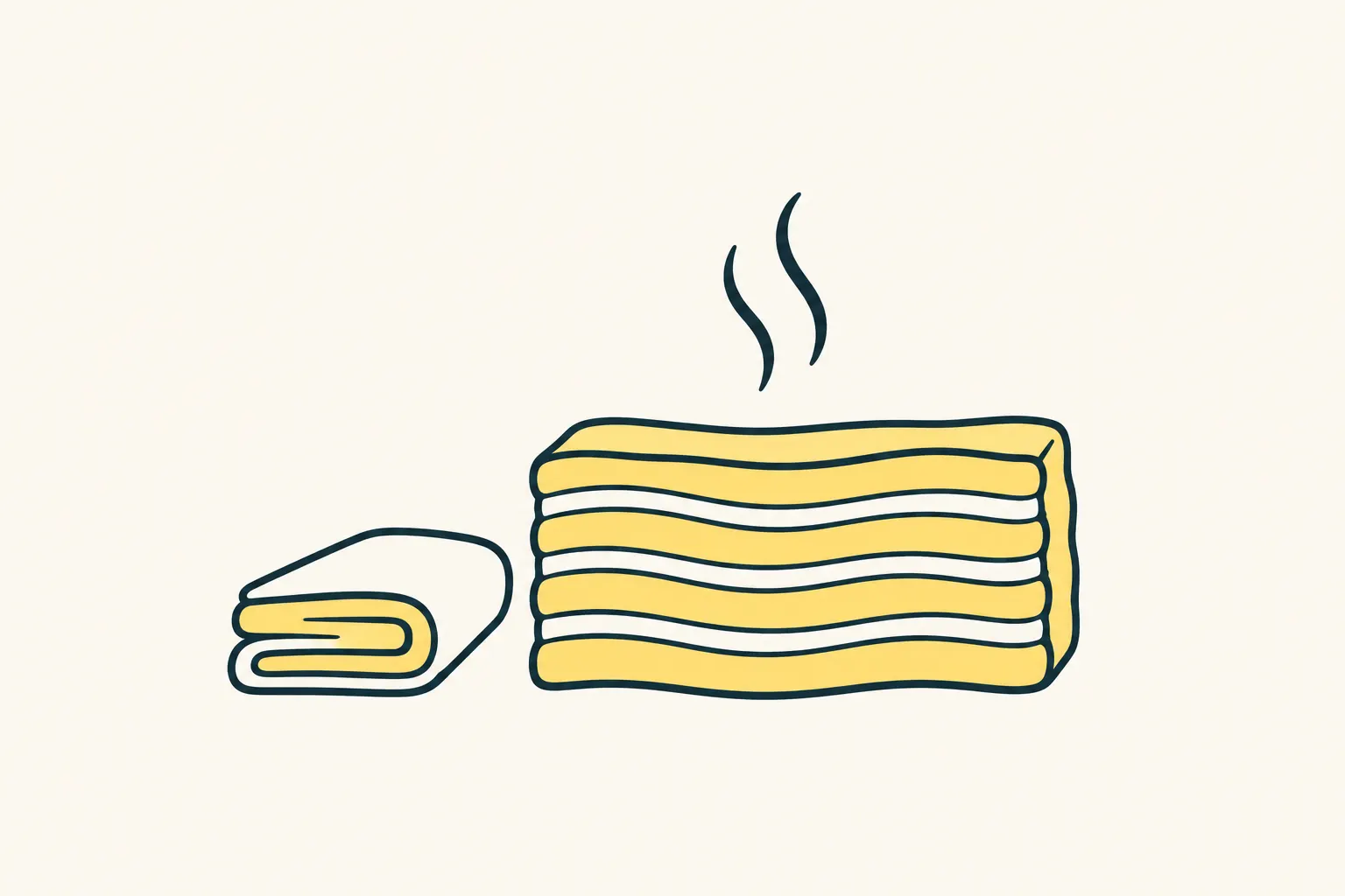 AI editorial illustration: folded dough and a few schematic raised pastry layers with two symbolic steam marks; not an actual layer count.