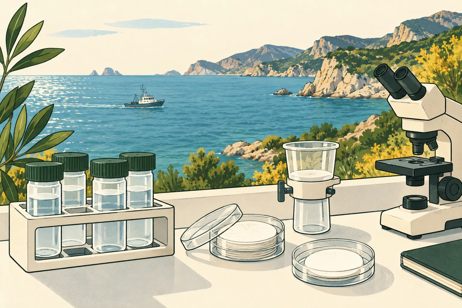 AI conceptual illustration of sample containers, filters and a microscope in front of a seascape with a generic boat.
