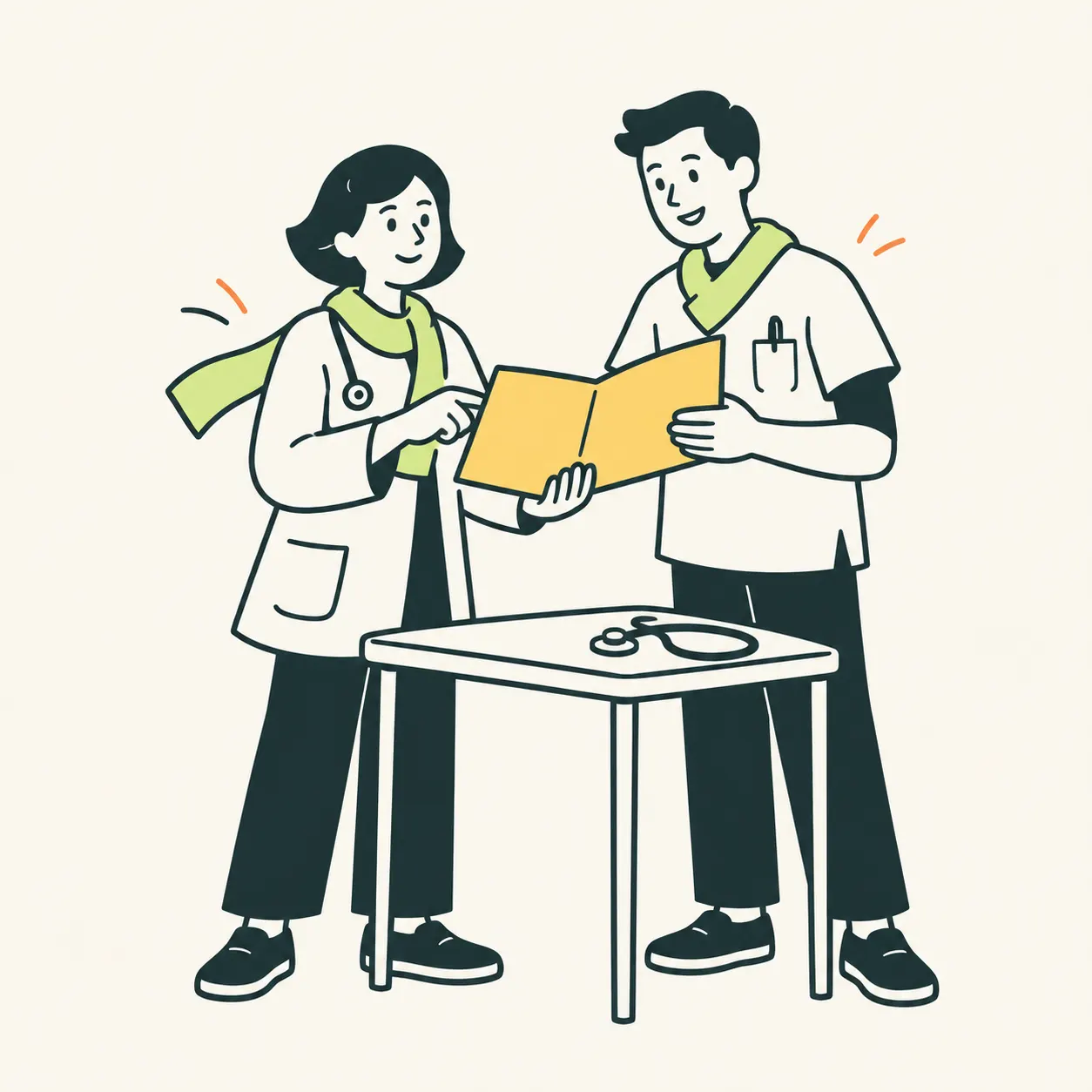 AI illustration of a doctor and a nurse discussing a folder in a generic consulting room.