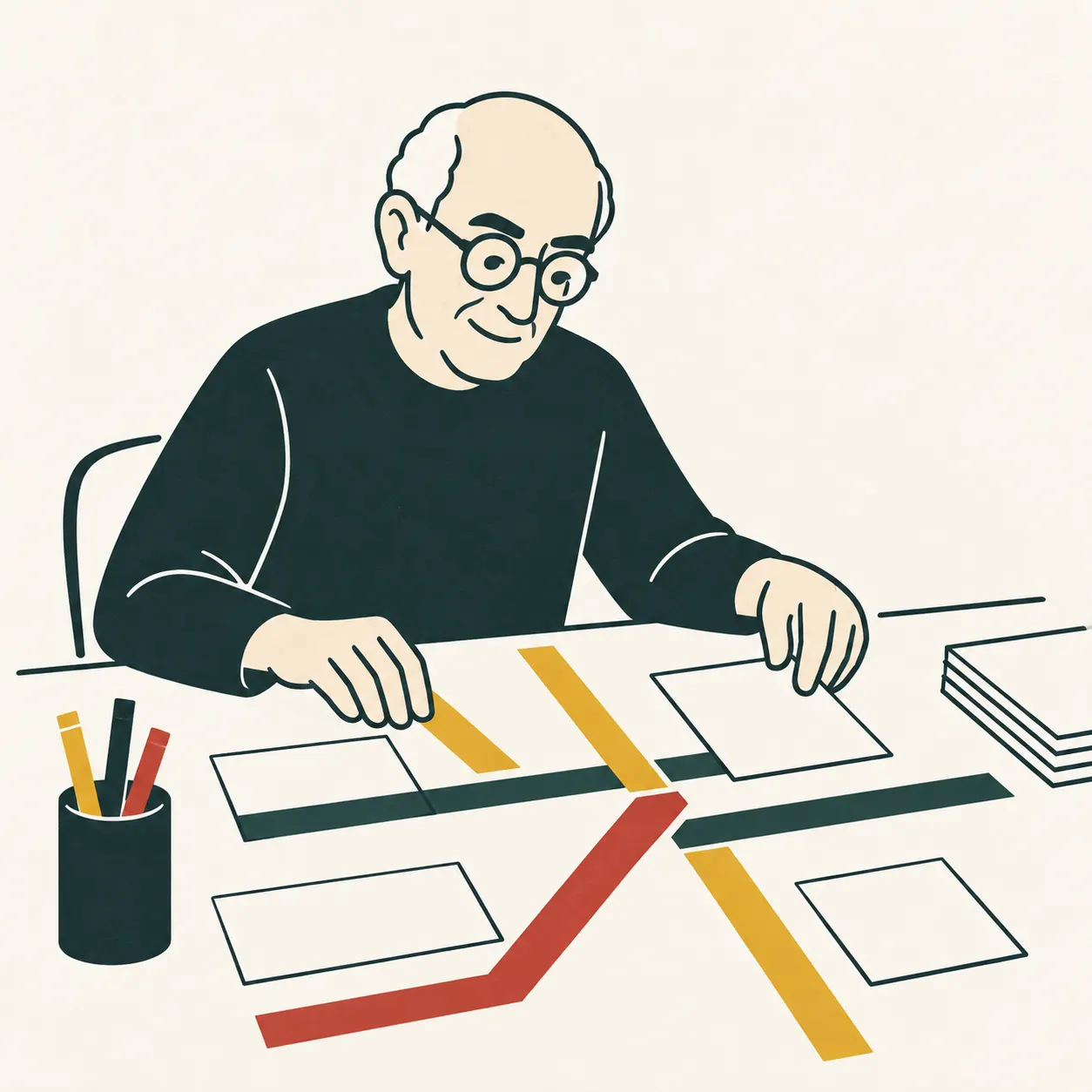 Illustrated interpretation of Massimo Vignelli at a table, with coloured lines and dots forming an imaginary transport diagram.