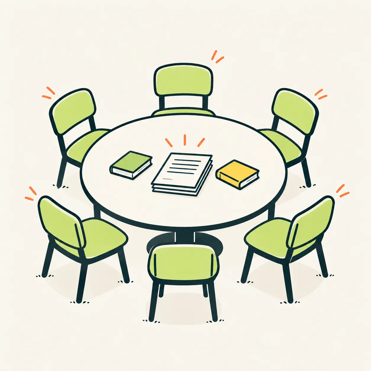 AI illustration of six chairs around a table with a document and study tools.