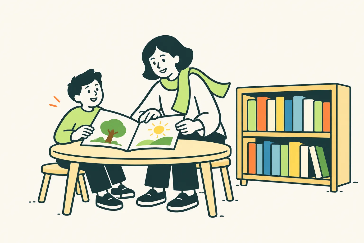 AI illustration of an adult and a child reading a book together at a table beside a bookshelf.
