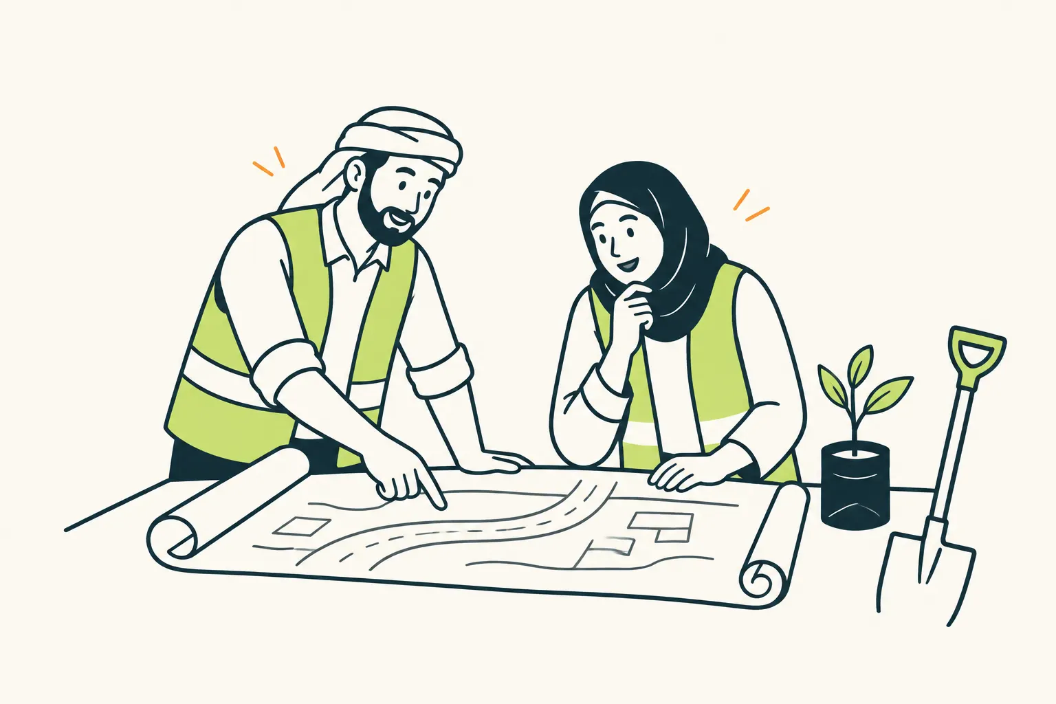 AI illustration of two people examining a work plan alongside a shovel and a plant.