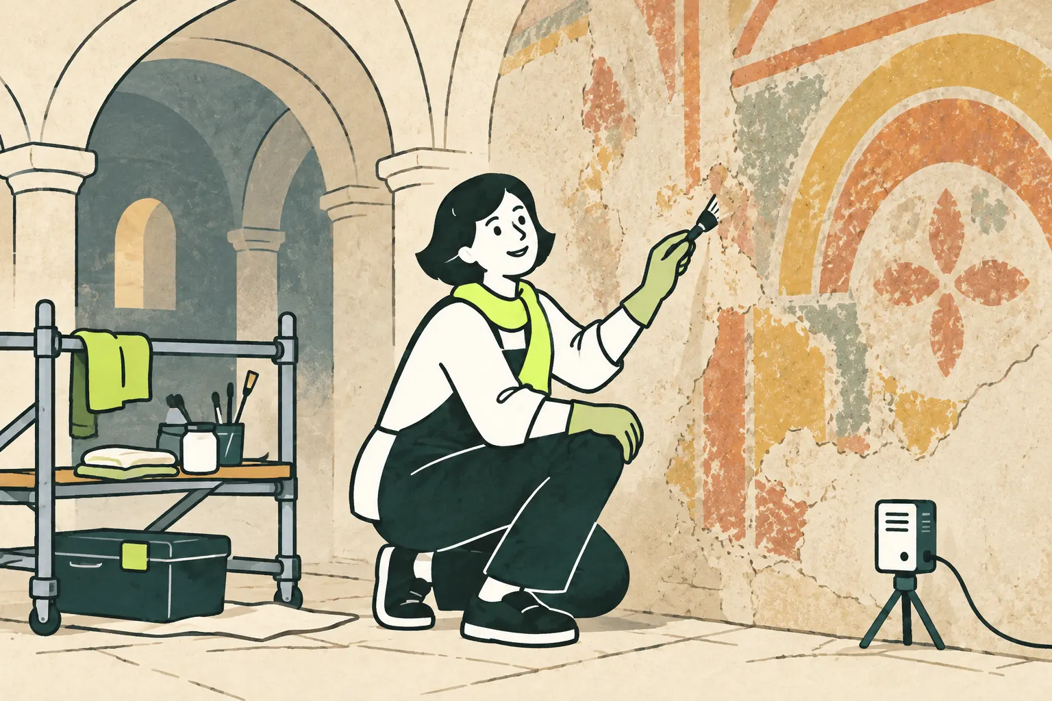 AI illustration: A conservator brushes a painted wall beside a scaffold and a sensor.