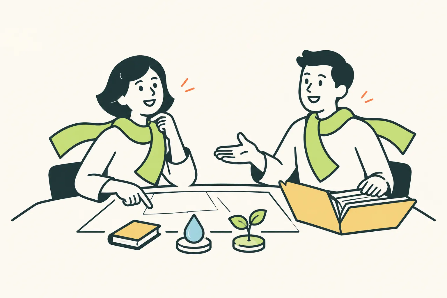 AI illustration of two collaborators planning at a table with symbols of a book, a drop of water and a plant.