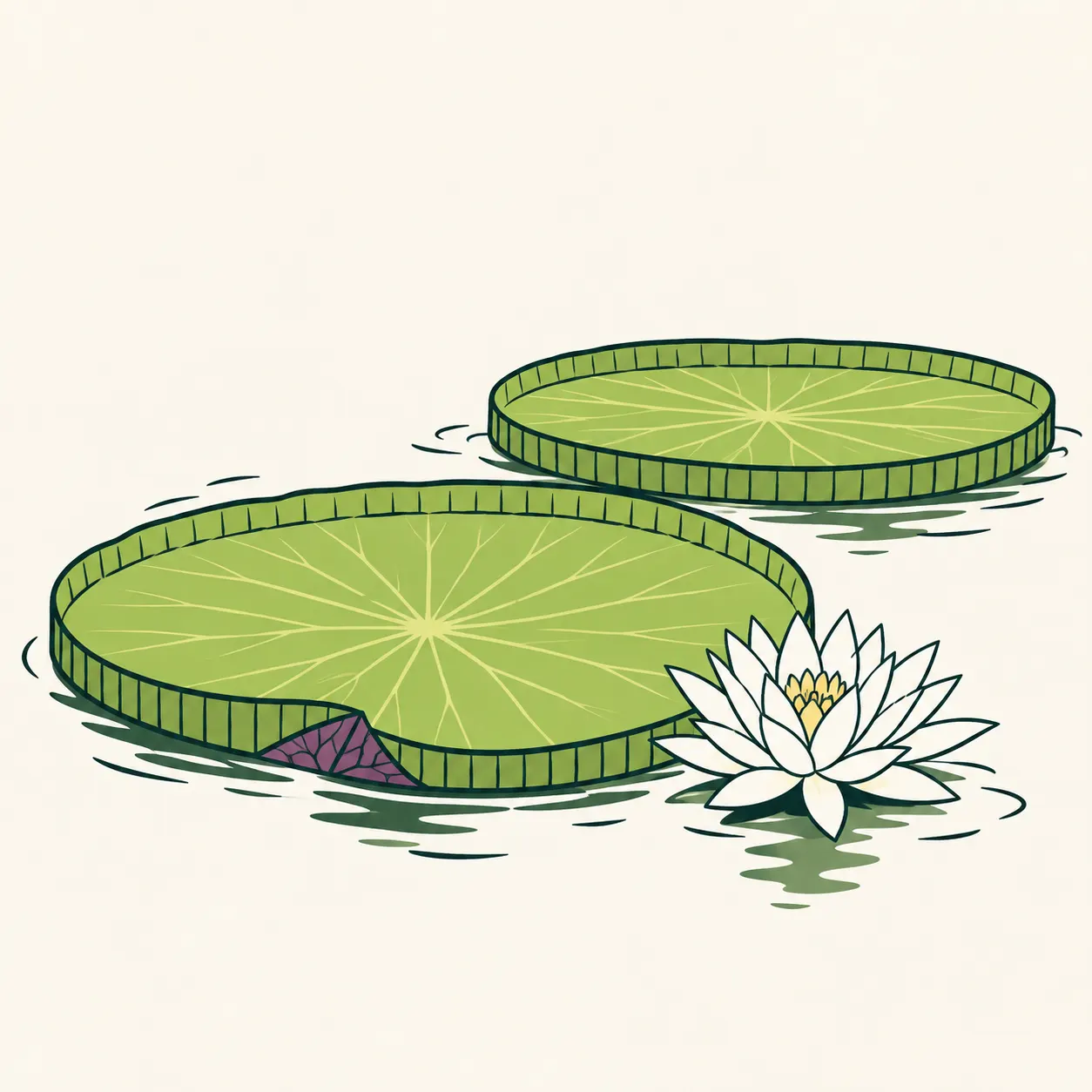 An editorial illustration of circular Victoria amazonica leaves with low raised rims and a visible network of veins.