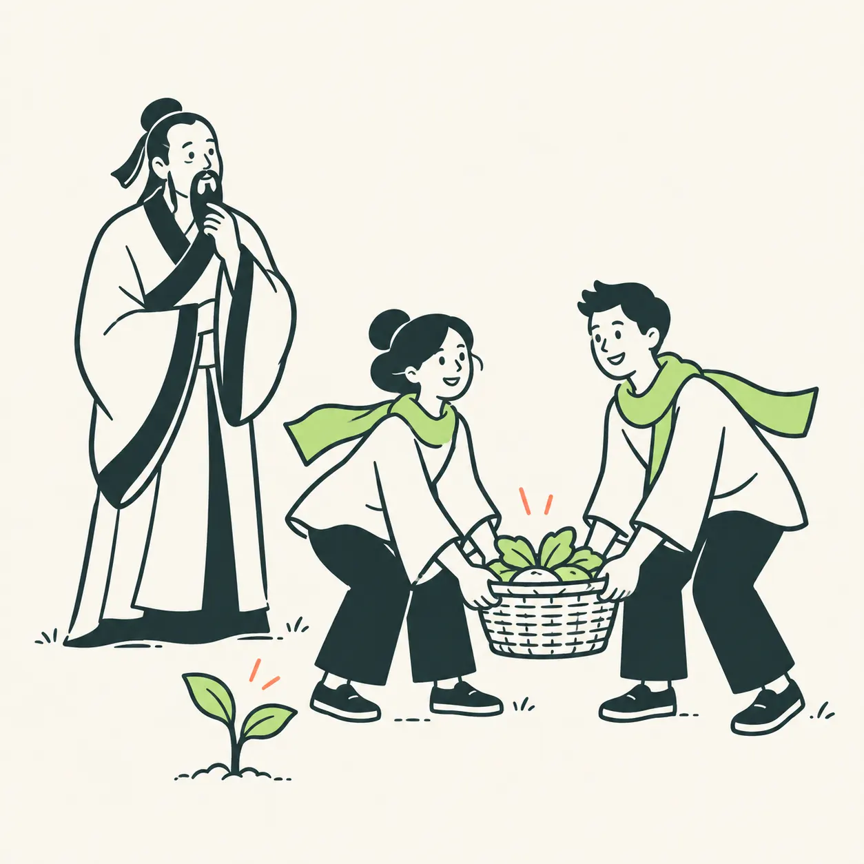 Editorial interpretation of Mencius beside a sprout and two people helping each other; neither the portrait nor the scene is a historical record.