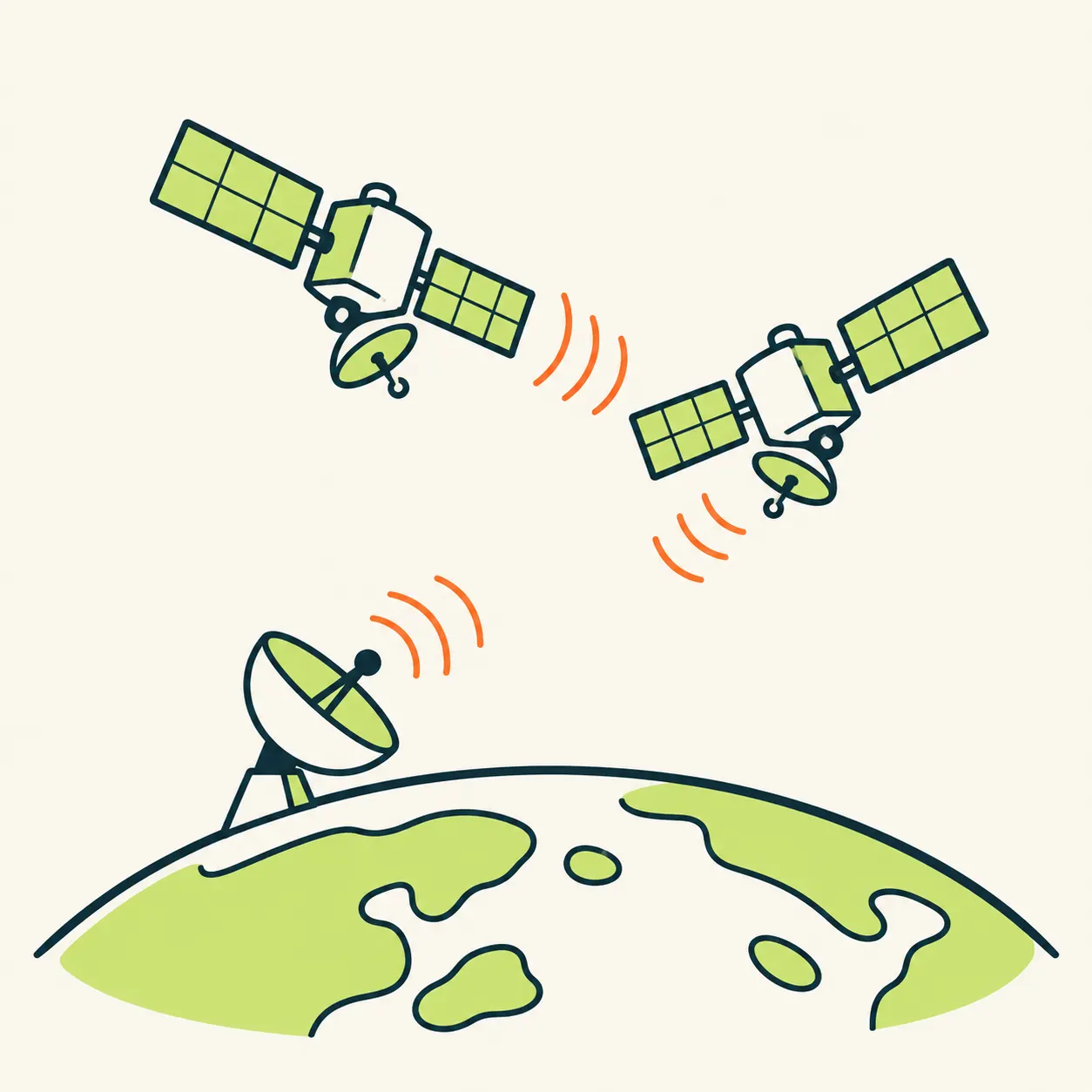 AI illustration of two schematic satellites and a radio link towards Earth.
