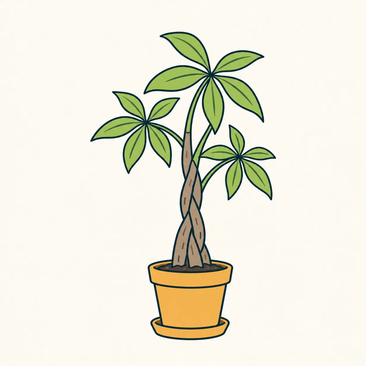 AI editorial illustration of a potted Pachira: braided stems and compound leaves with five leaflets radiating from a common point.