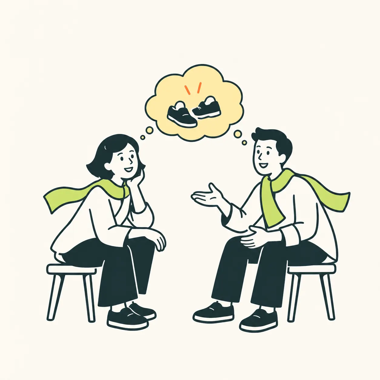 AI editorial illustration of two stylised adults listening to each other, with a pair of shoes in a thought bubble: a metaphor for imagining another person’s situation, not a portrait of Adam Smith.