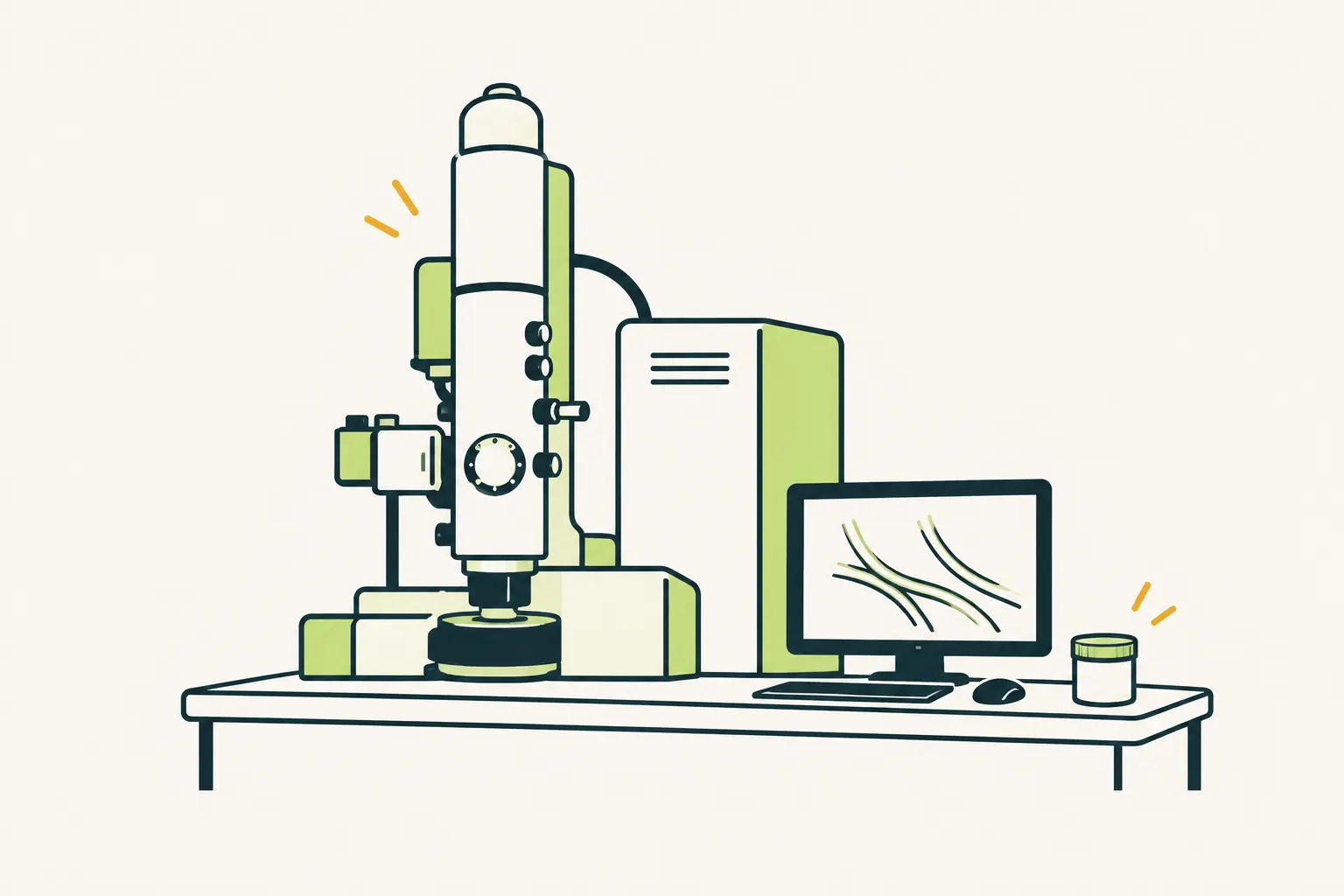 AI illustration of a column-shaped electron microscope, a screen with symbolic fibres and a closed container.
