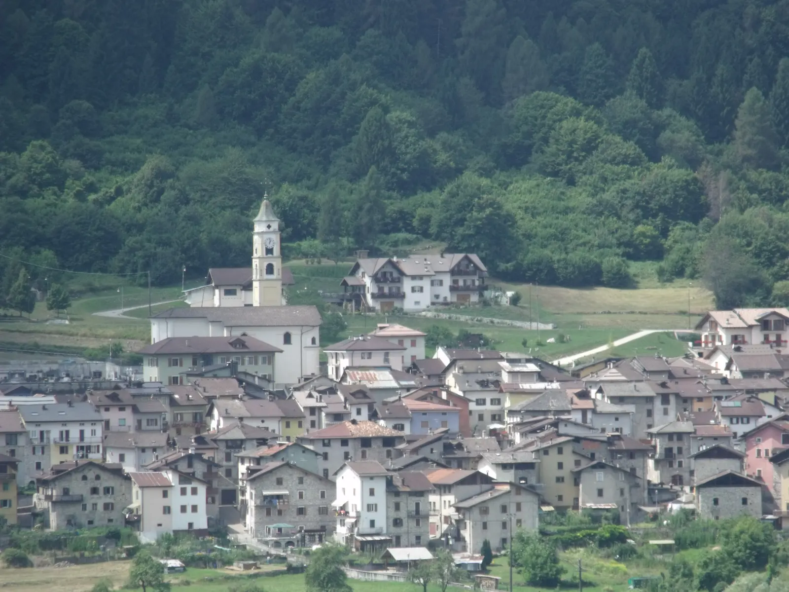 Houses and a church tower in Cinte Tesino, with meadows and woodland behind the village.