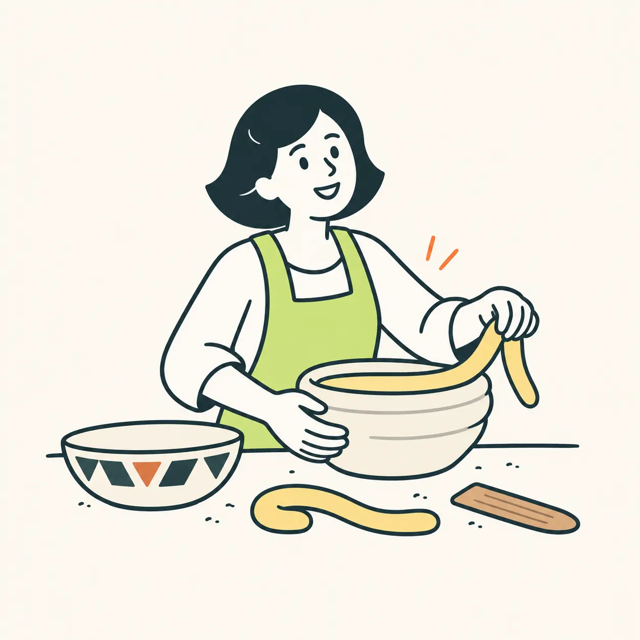 Editorial illustration of a woman building a bowl with a clay coil beside a decorated vessel; the colours are interpretive.