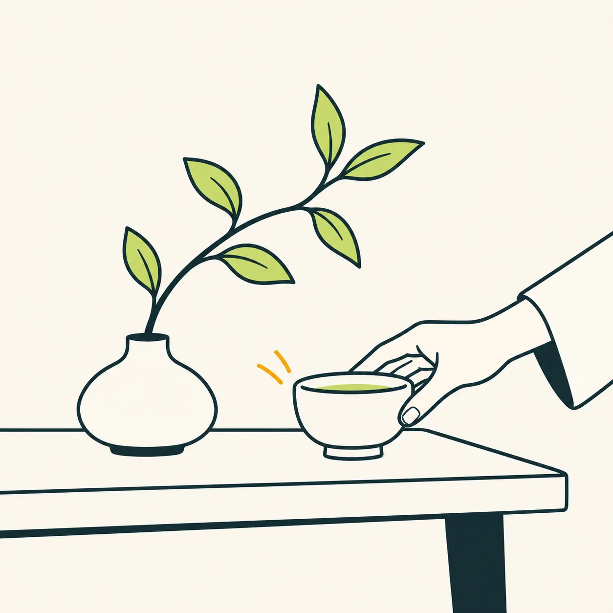 AI editorial illustration: a hand moves a tea bowl beside a vase with a leafy branch, making room on a table.