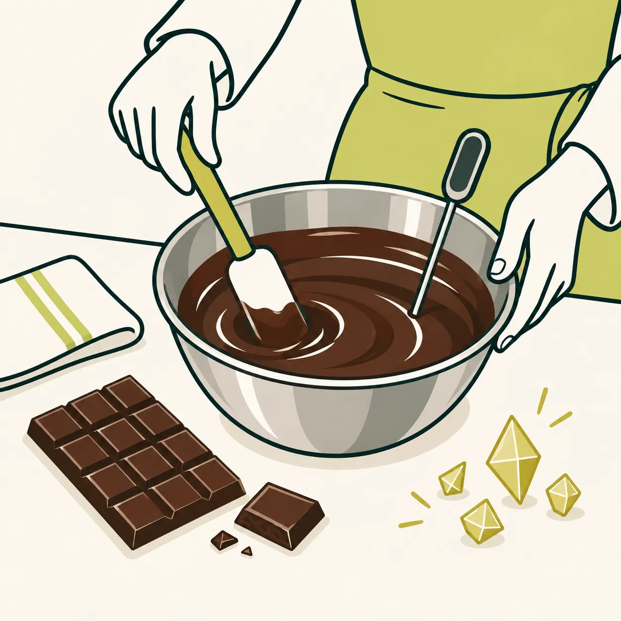 A bowl of chocolate, spatula, unnumbered thermometer and broken glossy bar; small geometric elements represent crystal order.