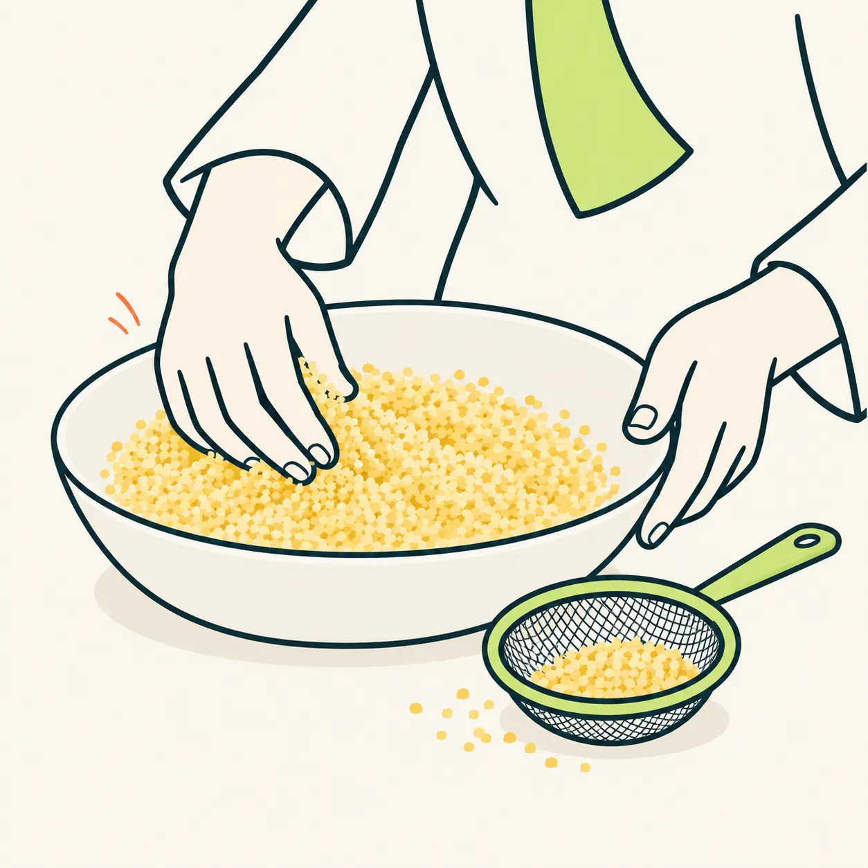 AI editorial illustration of hands working small semolina grains in a bowl beside a sieve.